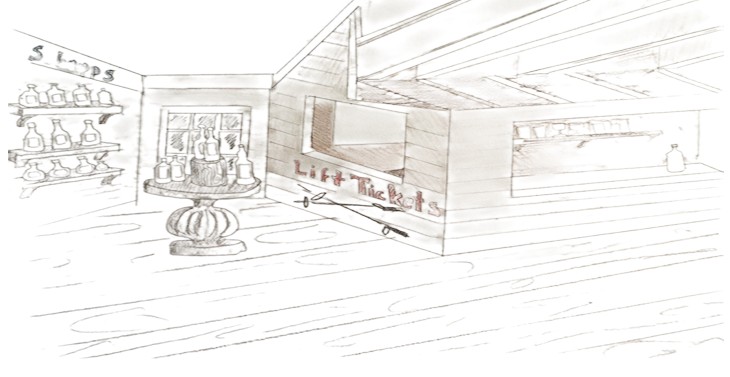 Pencil rendering of the Ski Bowl Distillery tasting room — schnapps on plank shelves, a central bottle display, and a timber counter with a Lift Tickets board