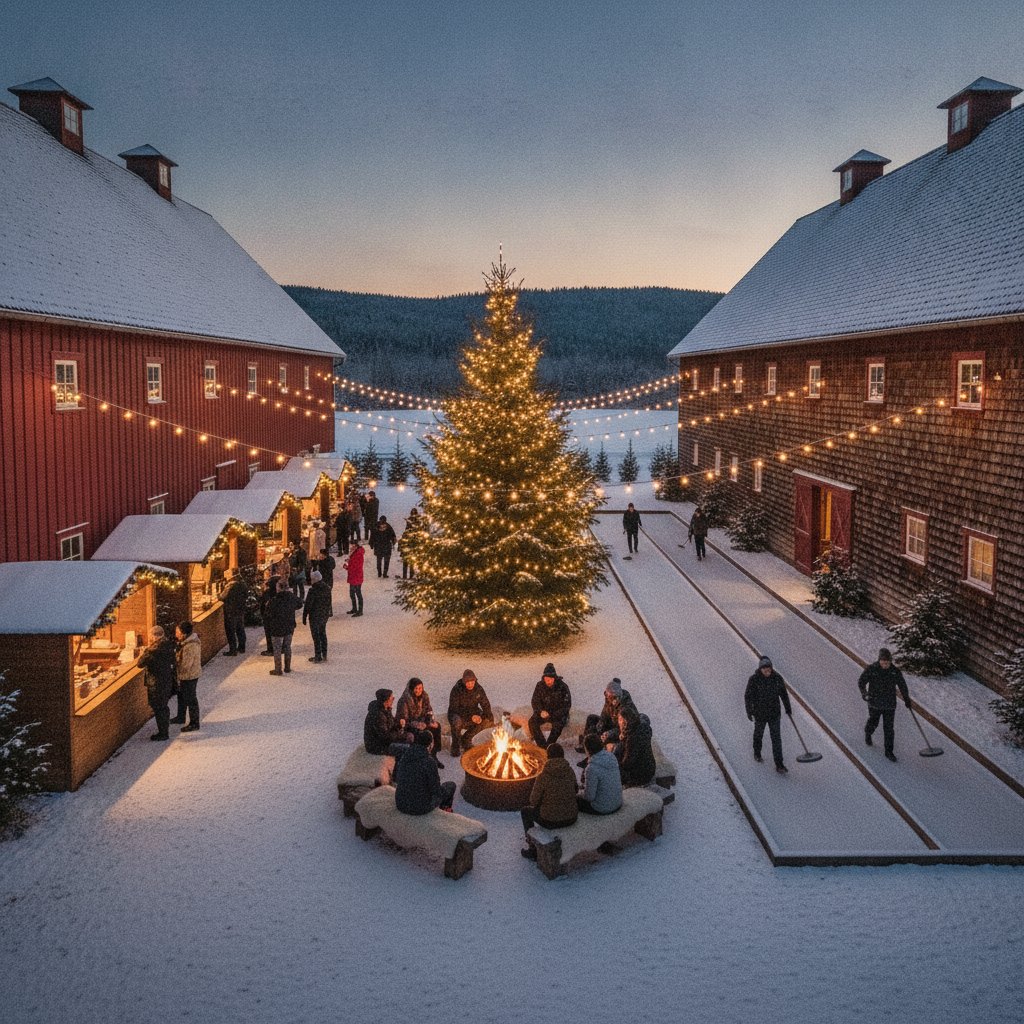 Architectural rendering of the Ski Bowl Distillery barns and courtyard at dusk in winter
