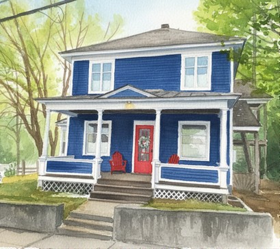 Watercolour painting of 235 Main Street, North Creek — the blue house that holds Eiswork