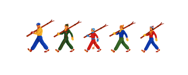 Five skiers walking into town with skis over their shoulders